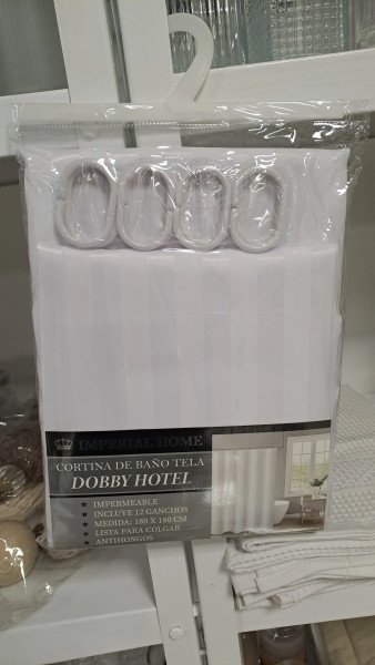 Cortina de baño dobby + Ganchos Blanco