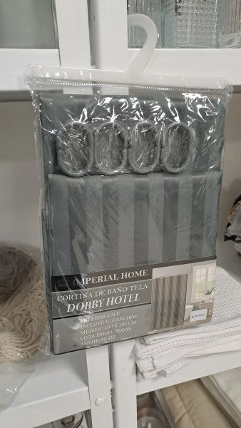 Cortina de baño dobby + Ganchos Gris